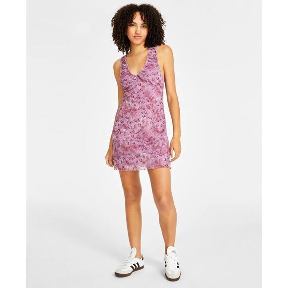 Hippie Rose Mauve Floral Ruched Mesh Mini Dress - Picture 1 of 13